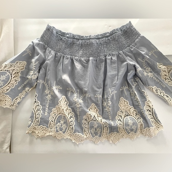 M: Sky Blue/Lace Off the Shoulder Blouse/Top 3/4 Sleeves NWOT New - Picture 1 of 8